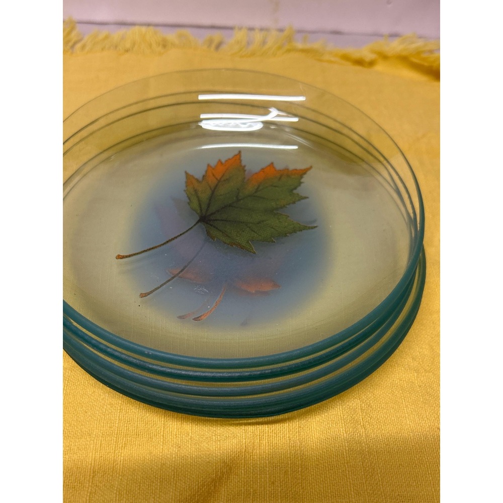 Fall Leaves Luncheon Plates‎ Clear Glass with Applique Leaves 5 Plates - Picture 6 of 6